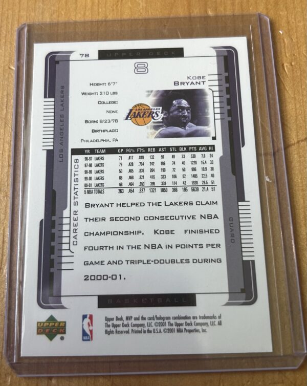 2001-02 Upper Deck MVP Kobe Bryant #78 – Los Angeles Lakers - Image 2