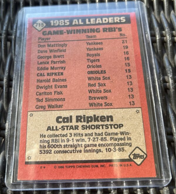 Cal Ripken Jr. 1986 Topps #715 – A.L. All-Star (Baltimore Orioles) - Image 2